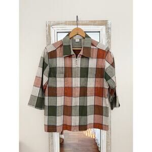 Dressbarn Women's Green And Orange Plaid Zip Jacket Small